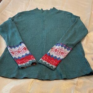 Maurices Teal Sweater with Multicolor Cuffs